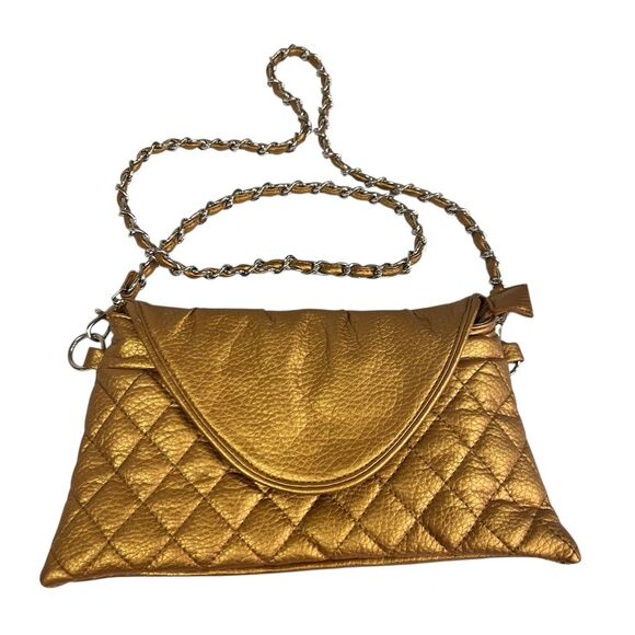 Quilted Golden Bronze Shoulder Bag with Removable Chain Strap - Picture 2 of 6